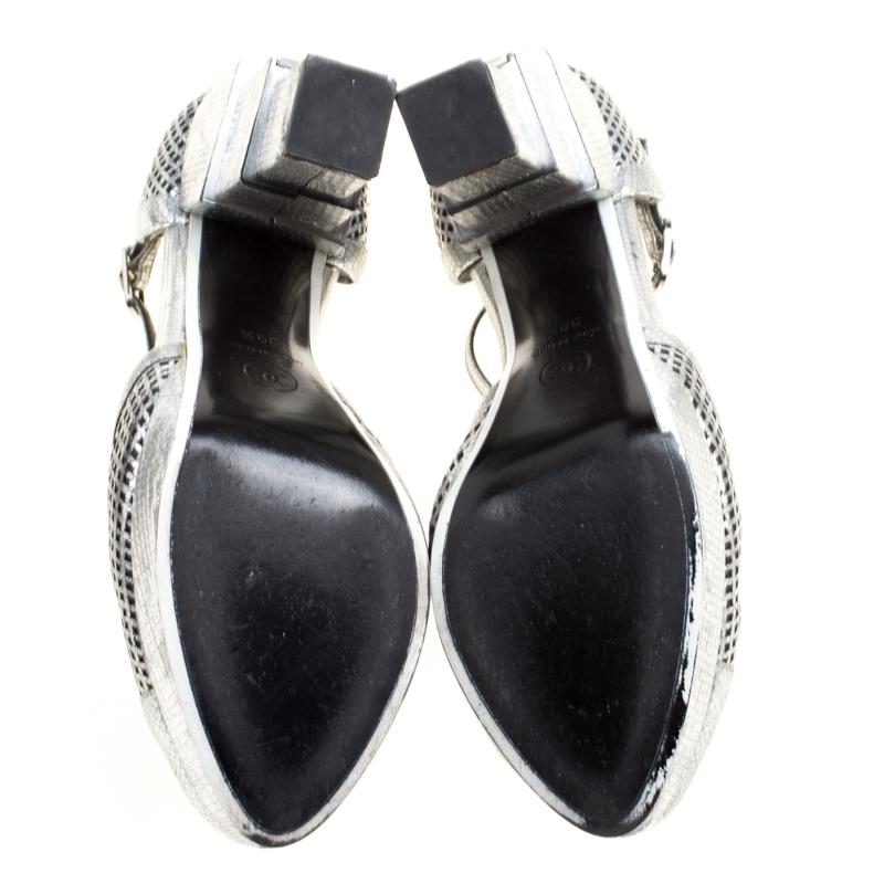 Women's Chanel Metallic Silver Laser Cut Leather CC Platform Sandals Size 39.5