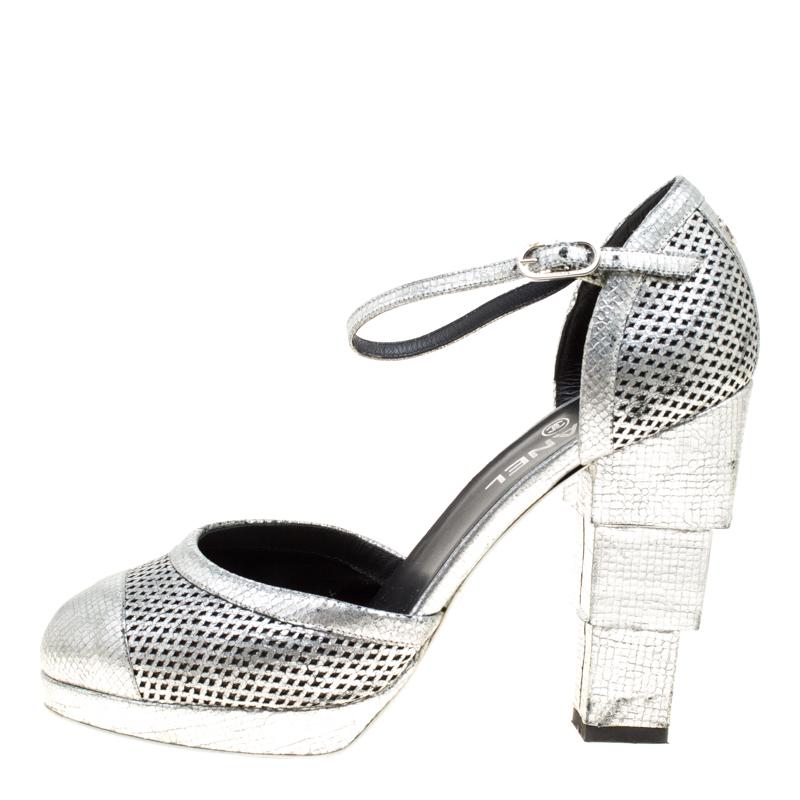 Chanel Metallic Silver Laser Cut Leather CC Platform Sandals Size 39.5 1