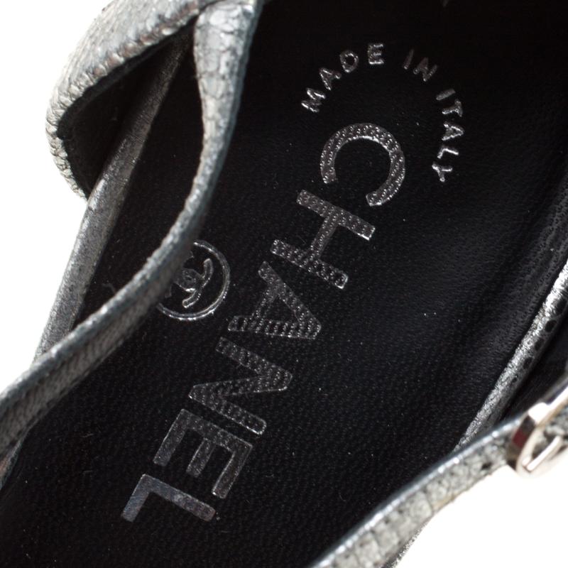 Chanel Metallic Silver Laser Cut Leather CC Platform Sandals Size 39.5 2