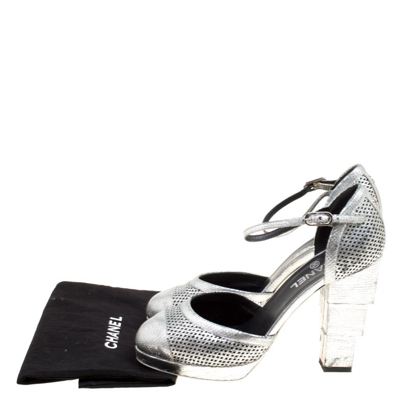 Chanel Metallic Silver Laser Cut Leather CC Platform Sandals Size 39.5 4