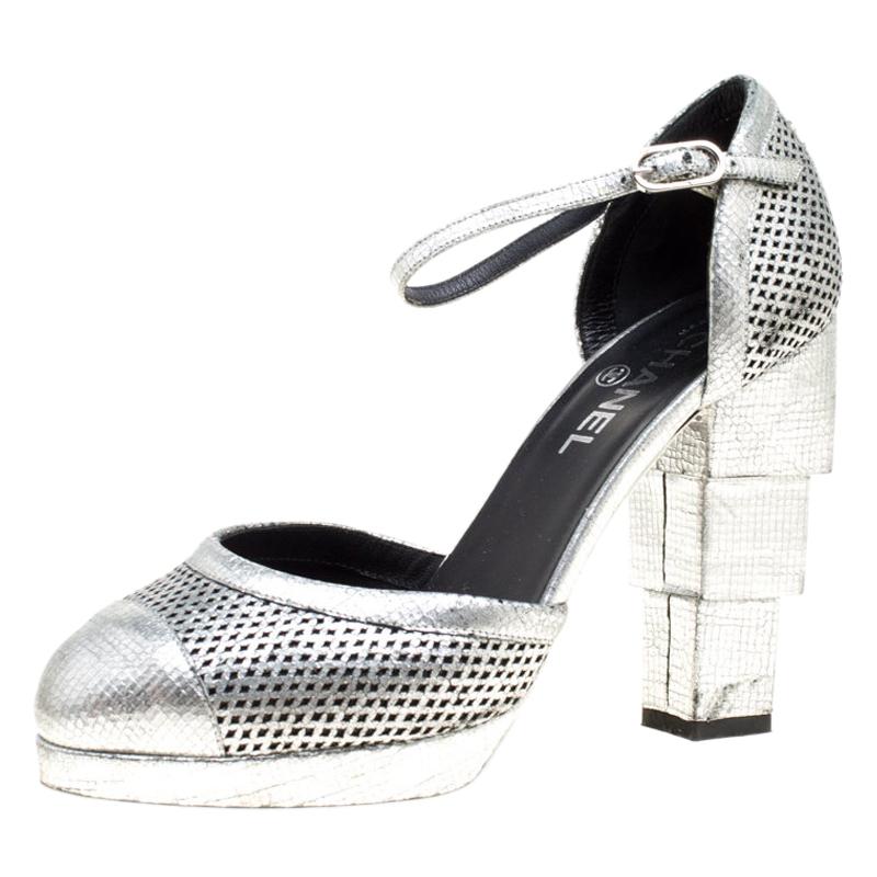 Chanel Metallic Silver Laser Cut Leather CC Platform Sandals Size 39.5