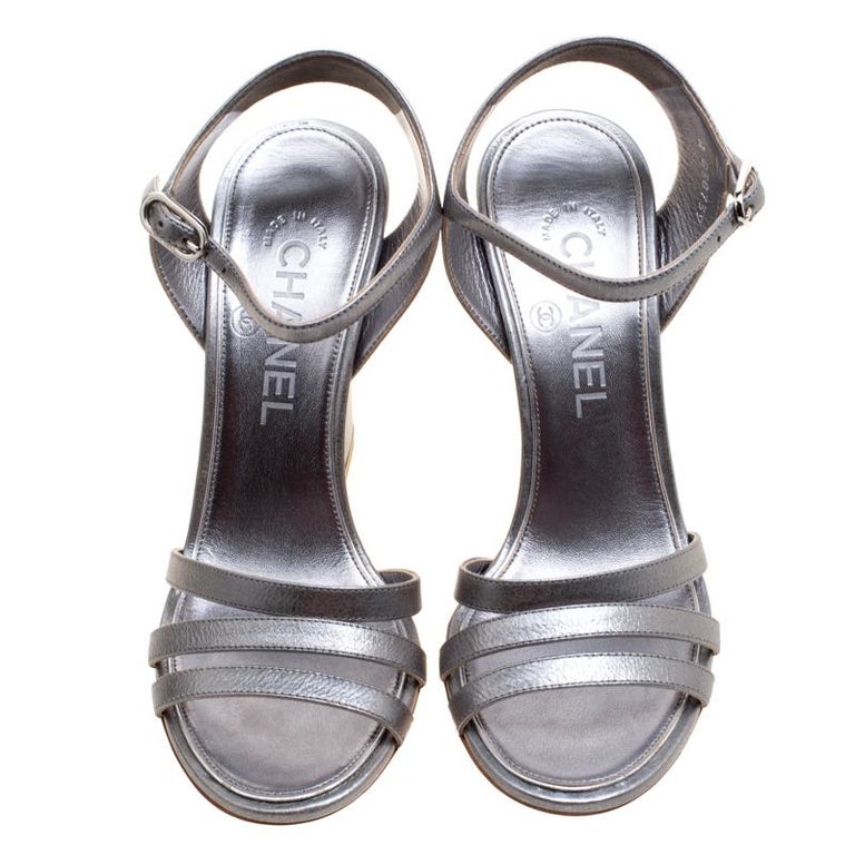 Chanel Metallic Silver Leather Ankle Strap Faux Pearl