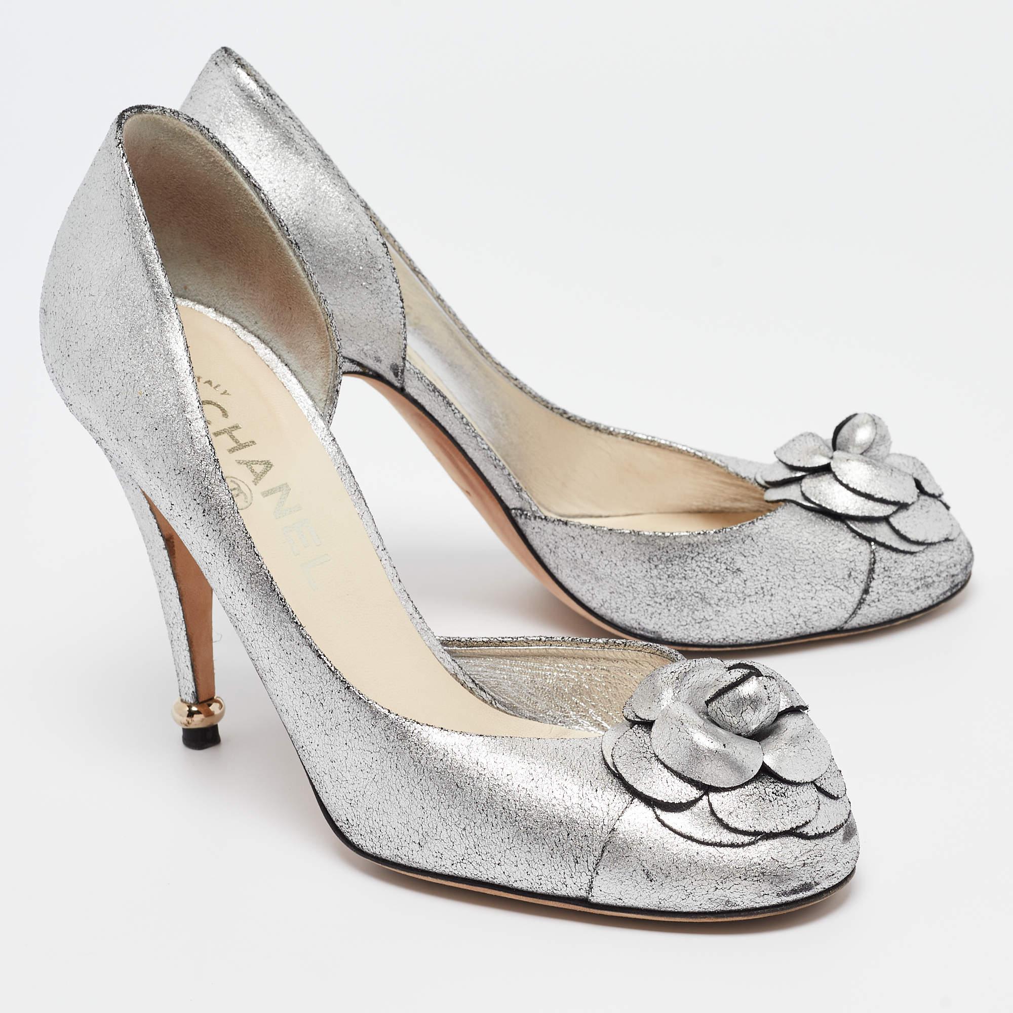 Chanel Metallic Silver Leather Camellia D'orsay Pumps Size 39.5 2