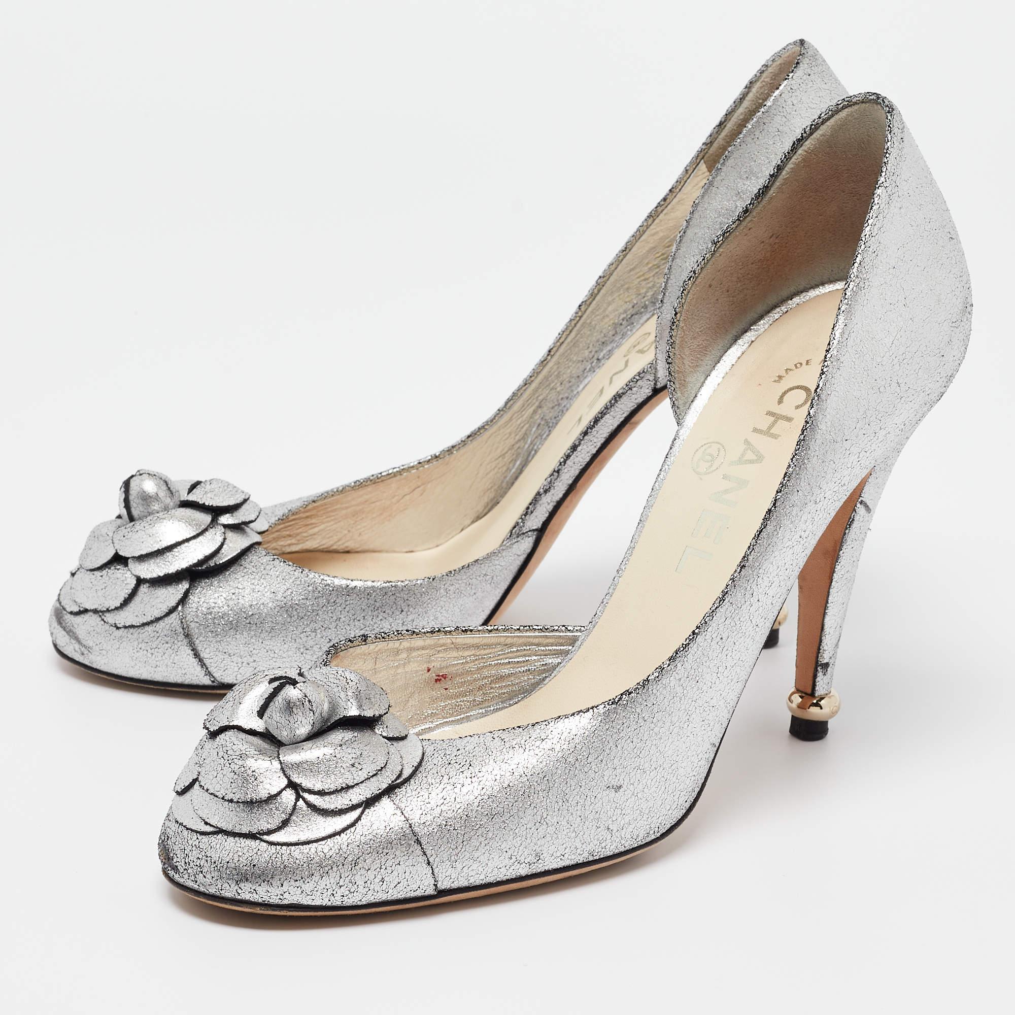 Chanel Metallic Silver Leather Camellia D'orsay Pumps Size 39.5 4