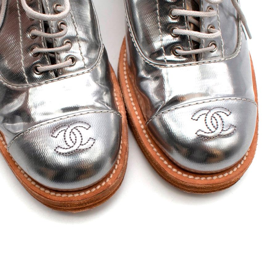 Chanel Metallic Silver Leather CC Brogues - Size  EU 38 1