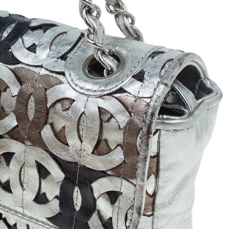 Chanel Metallic Silver Leather CC Cutout Flap Handbag 1