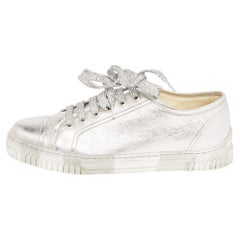 Chanel Metallic Silver Leather CC Logo Low Top Sneakers Size 40