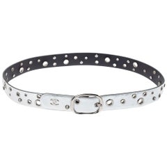 Chanel Metallic Silver Leather Grommet and Crystal Embellished Belt 80 CM