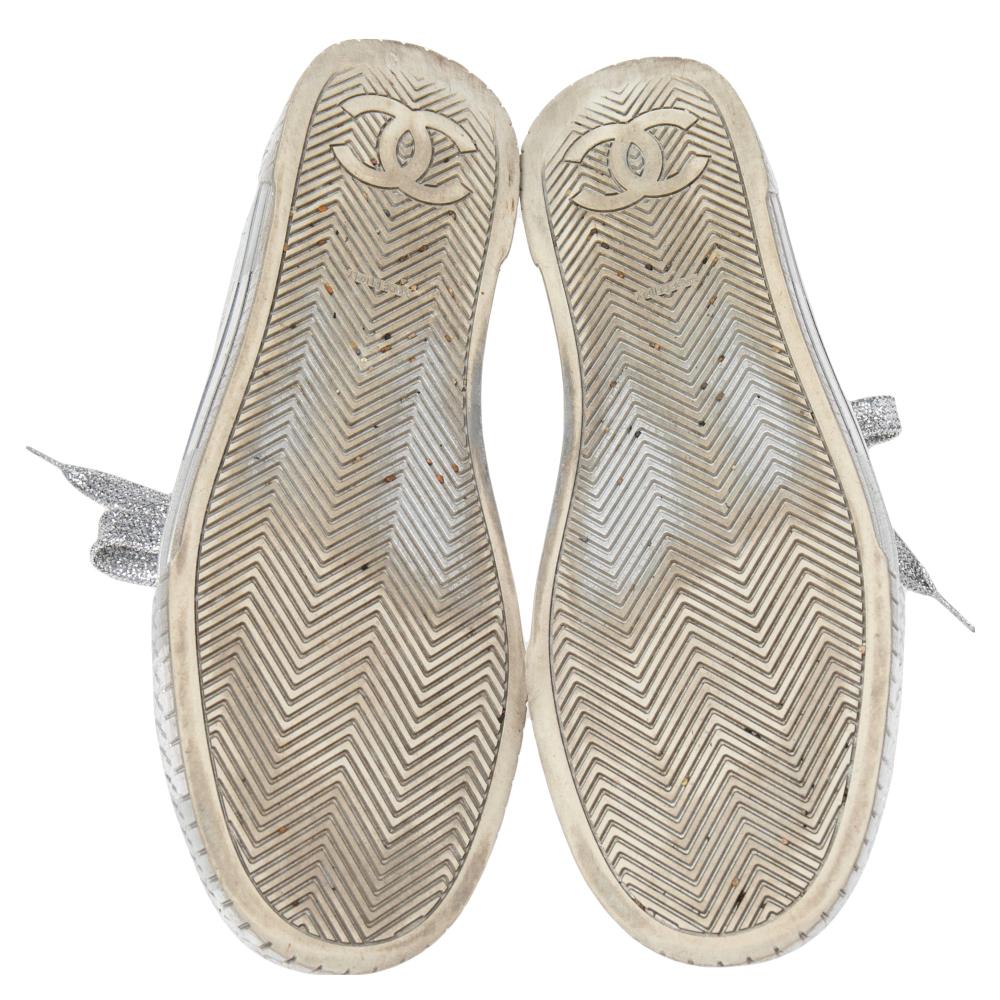 Women's Chanel Metallic Silver Leather Lace Up Sneakers Size 38