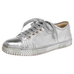 Chanel Metallic Silver Leather Lace Up Sneakers Size 38