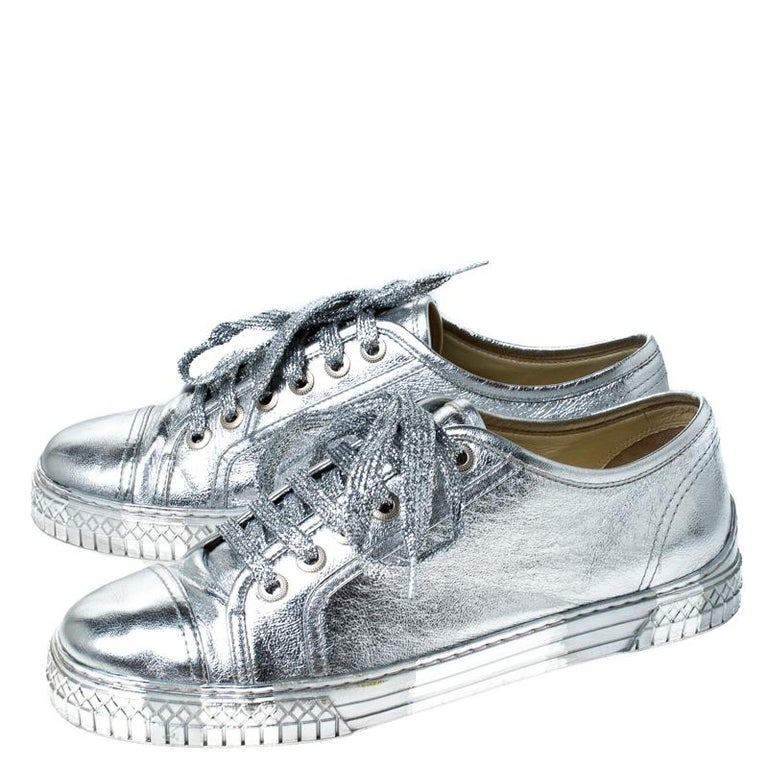 Chanel Metallic Silver Leather Lace Up Sneakers Size 40 For Sale at 1stDibs