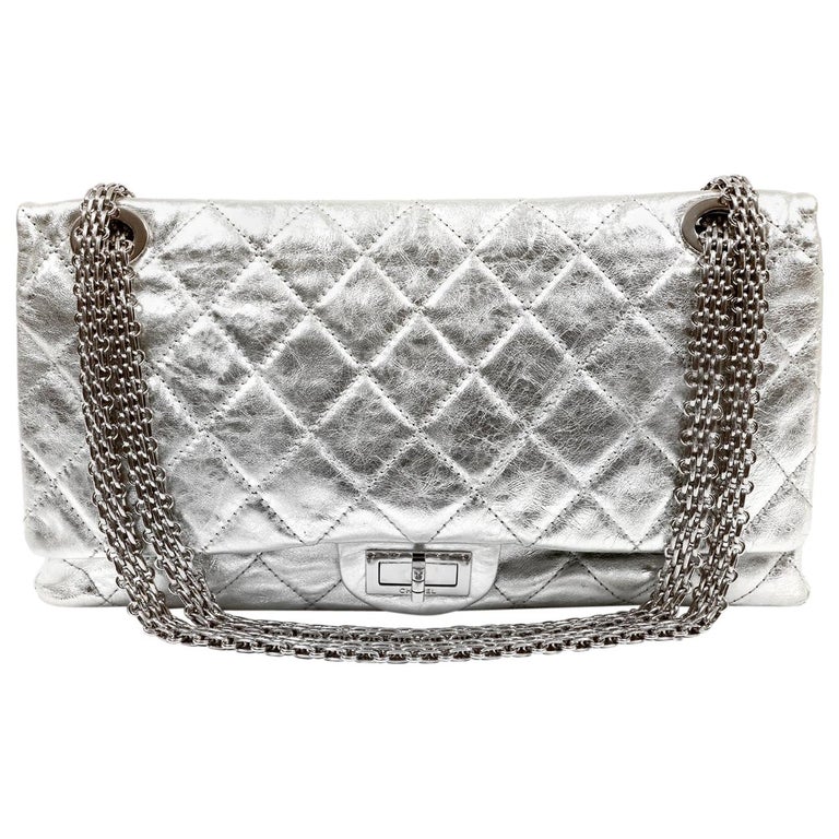 Chanel Metallic Silver Maxi 2.55 Reissue Flap Bag 228 size For Sale