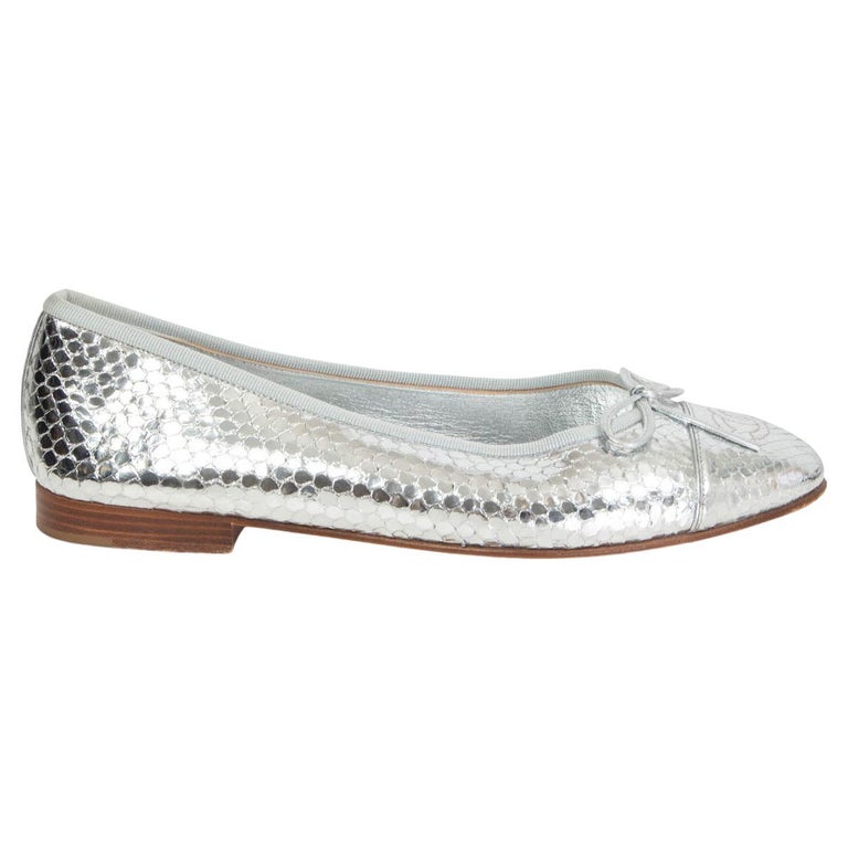 CHANEL metallic silver PYTHON snakeskin Ballet Flats Shoes 39 at