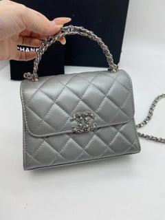 Chanel Metallic Silver Quilted Lambskin Handle Plate Flap Bag