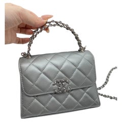 Chanel Metallic Silver Quilted Lambskin Handle Plate Flap Bag
