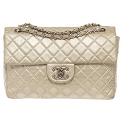 Vintage Chanel Metallic Silver Quilted Lambskin Leather Jumbo Flap Bag