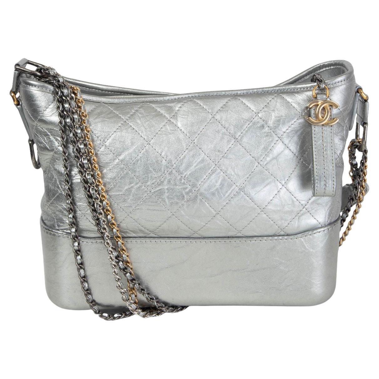 CHANEL metallic silver quilted leather 2017 GABRIELLE MEDIUM HOBO Shoulder Bag For Sale