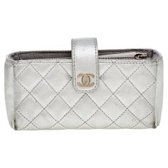 Chanel Metallic Silver Quilted Leather CC Phone Holder Clutch