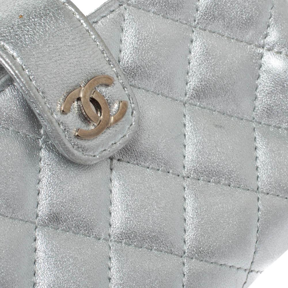 Chanel Metallic Silver Quilted Leather CC Phone Holder Pouch 5