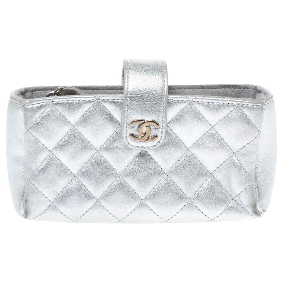 Chanel Metallic Silver Quilted Leather CC Phone Holder Pouch