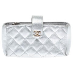 Chanel Metallic Silver Quilted Leather CC Phone Holder Pouch