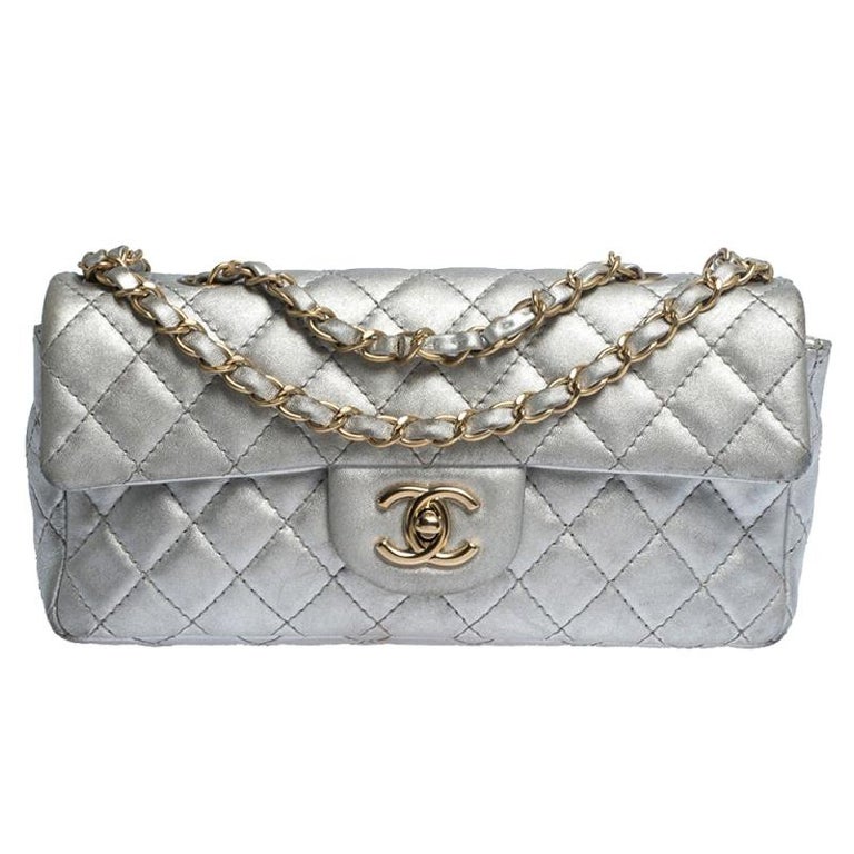 Chanel Metallic Silver Quilted Leather East West Classic Flap Bag For Sale  at 1stDibs