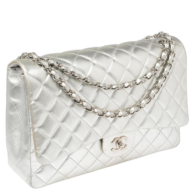 Chanel Metallic Silver Quilted Leather Maxi Classic Single Flap Bag at