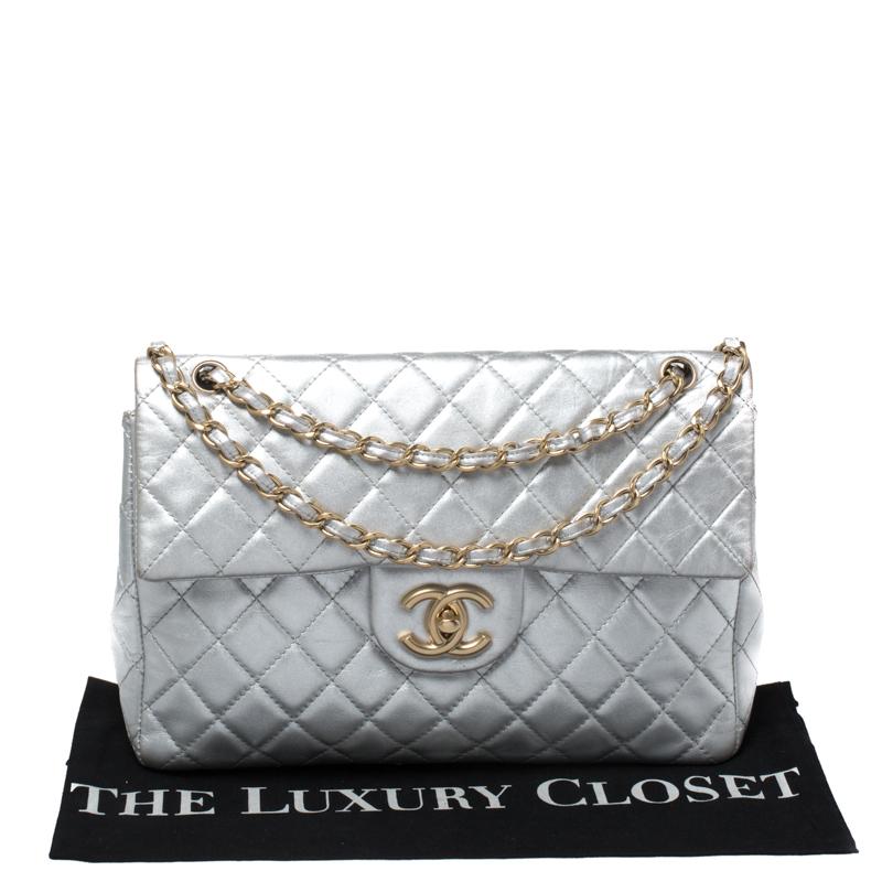 Chanel Metallic Silver Quilted Leather Maxi Classic Single Flap Bag 1