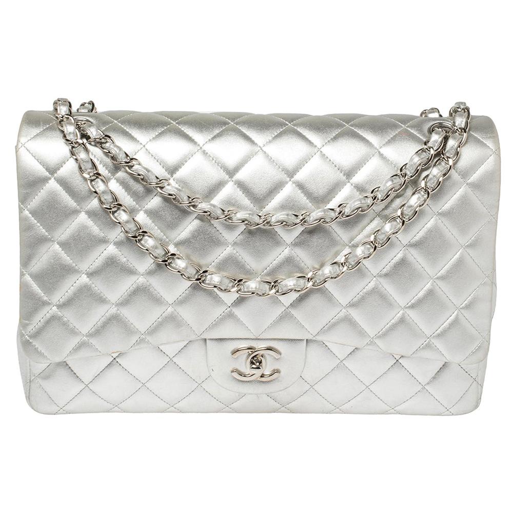 $6500 Chanel Classic Silver Grey Metallic Lambskin Quilted Double Flap  Jumbo Bag Purse Matte SHW - Lust4Labels