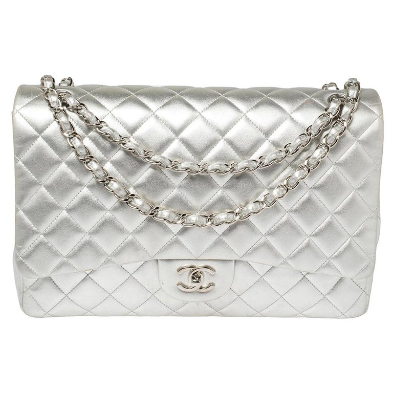 Chanel Metallic Silver Quilted Leather Maxi Classic Single Flap