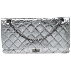 Chanel Metallic Silver Quilted Leather Reissue 2.55 Classic 228 Flap Bag