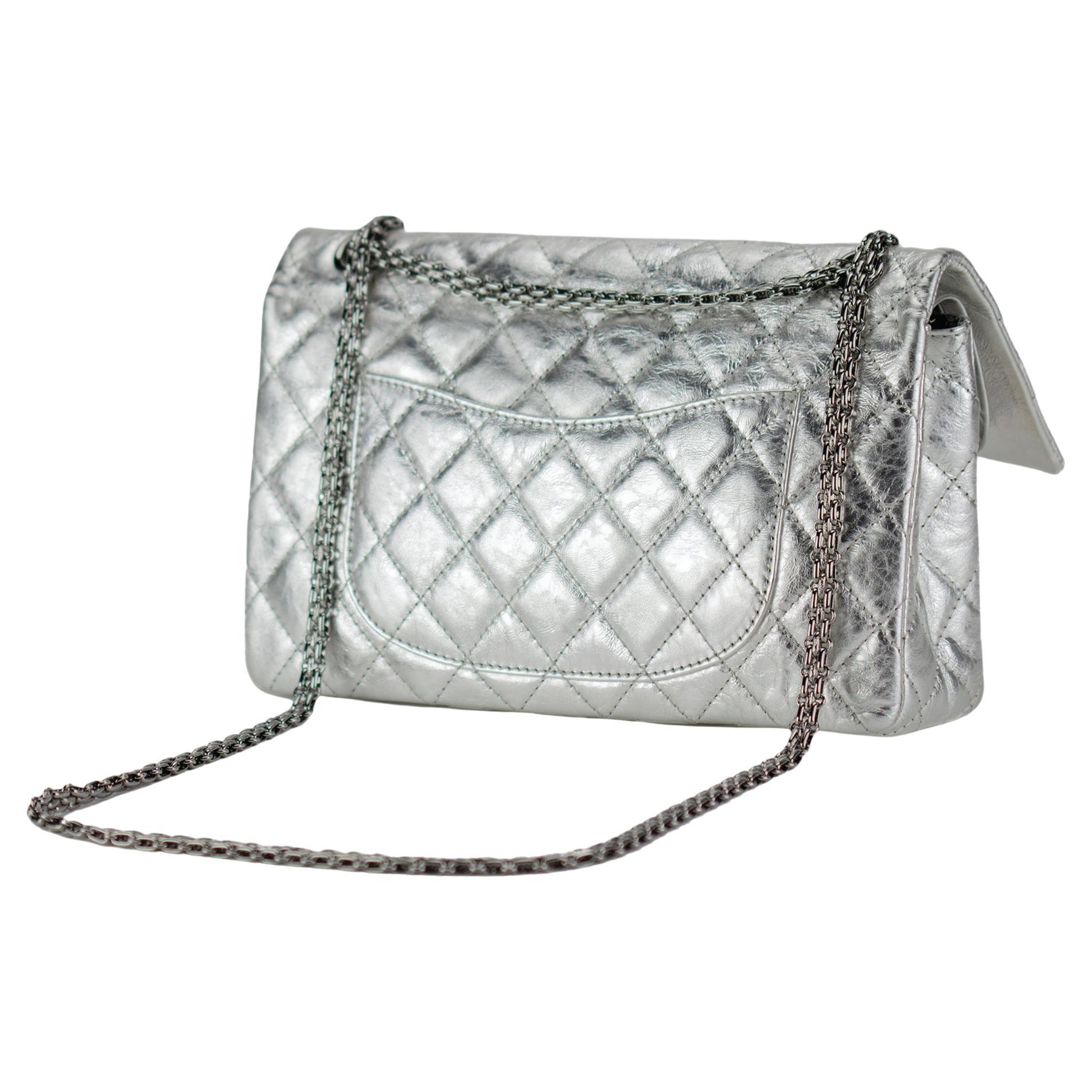 Chanel Metallic Silver Small Calfskin Reissue Double Classic Double Flap  In Good Condition For Sale In Miami, FL