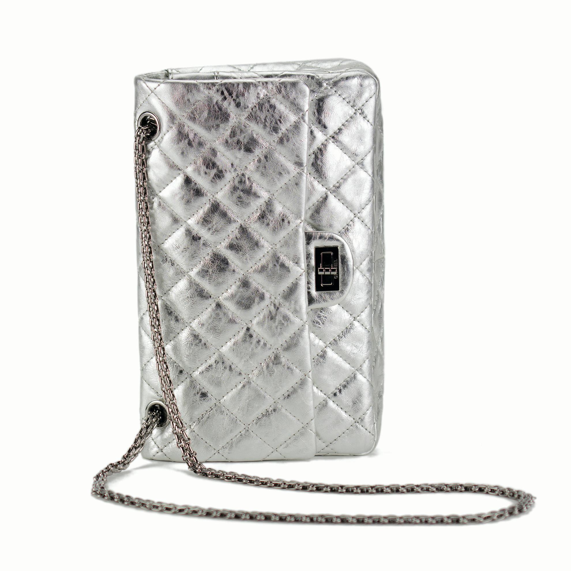 Women's Chanel Metallic Silver Small Calfskin Reissue Double Classic Double Flap  For Sale