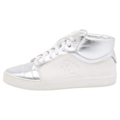 Chanel Metallic Silver/White Leather And Rubber Lace Up High Top Sneakers Size 3