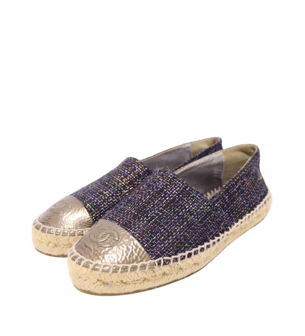 Noir Chanel Espadrilles à bout ouvert CC et en tweed métallisé, taille EU 36 en vente
