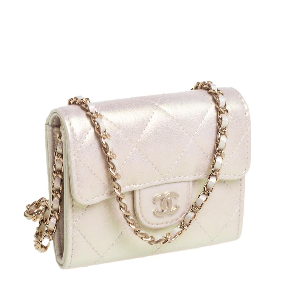 Women's Chanel Metallic White Leather Card Holder with Chain