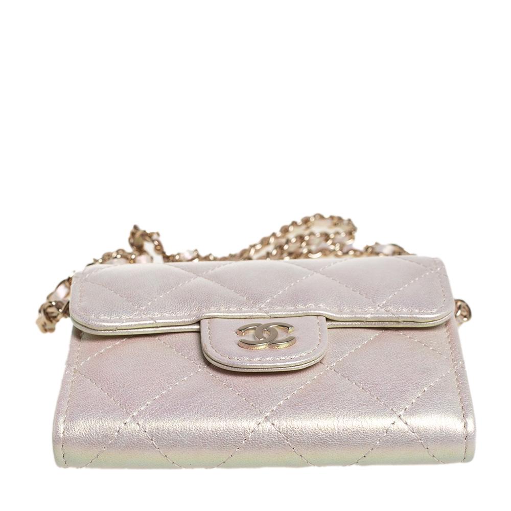 Chanel Metallic White Leather Card Holder with Chain 1