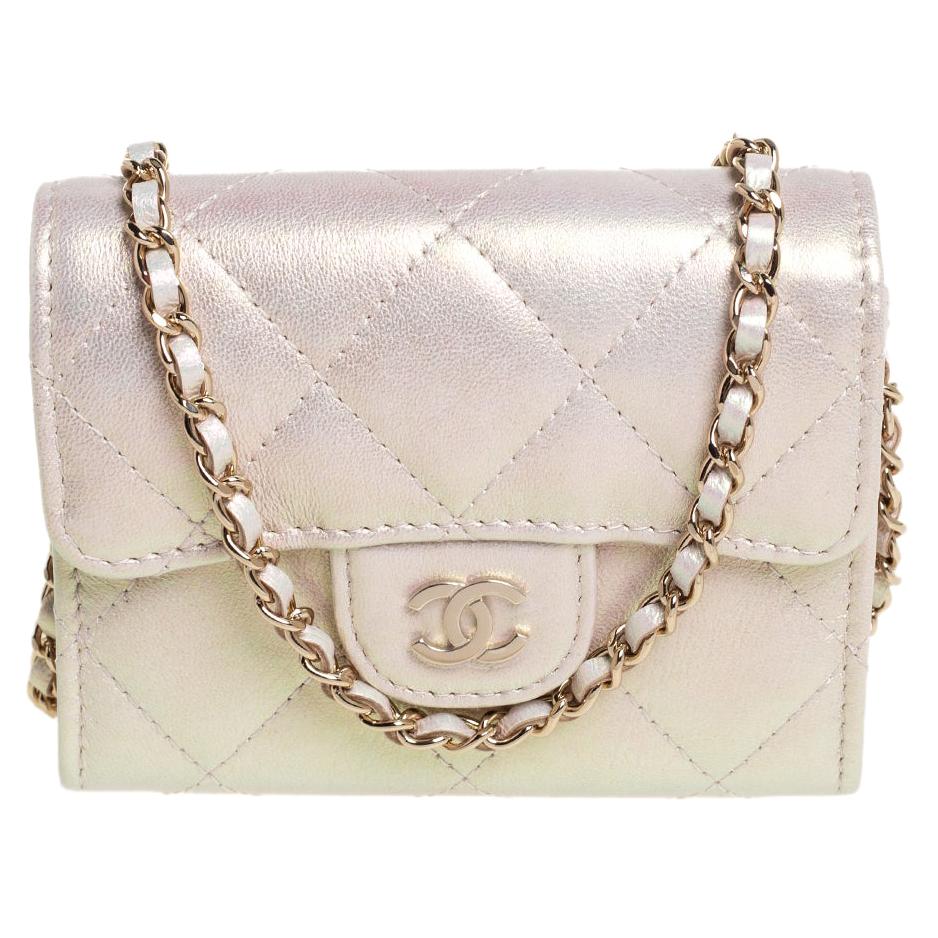 Chanel Metallic White Leather Card Holder with Chain