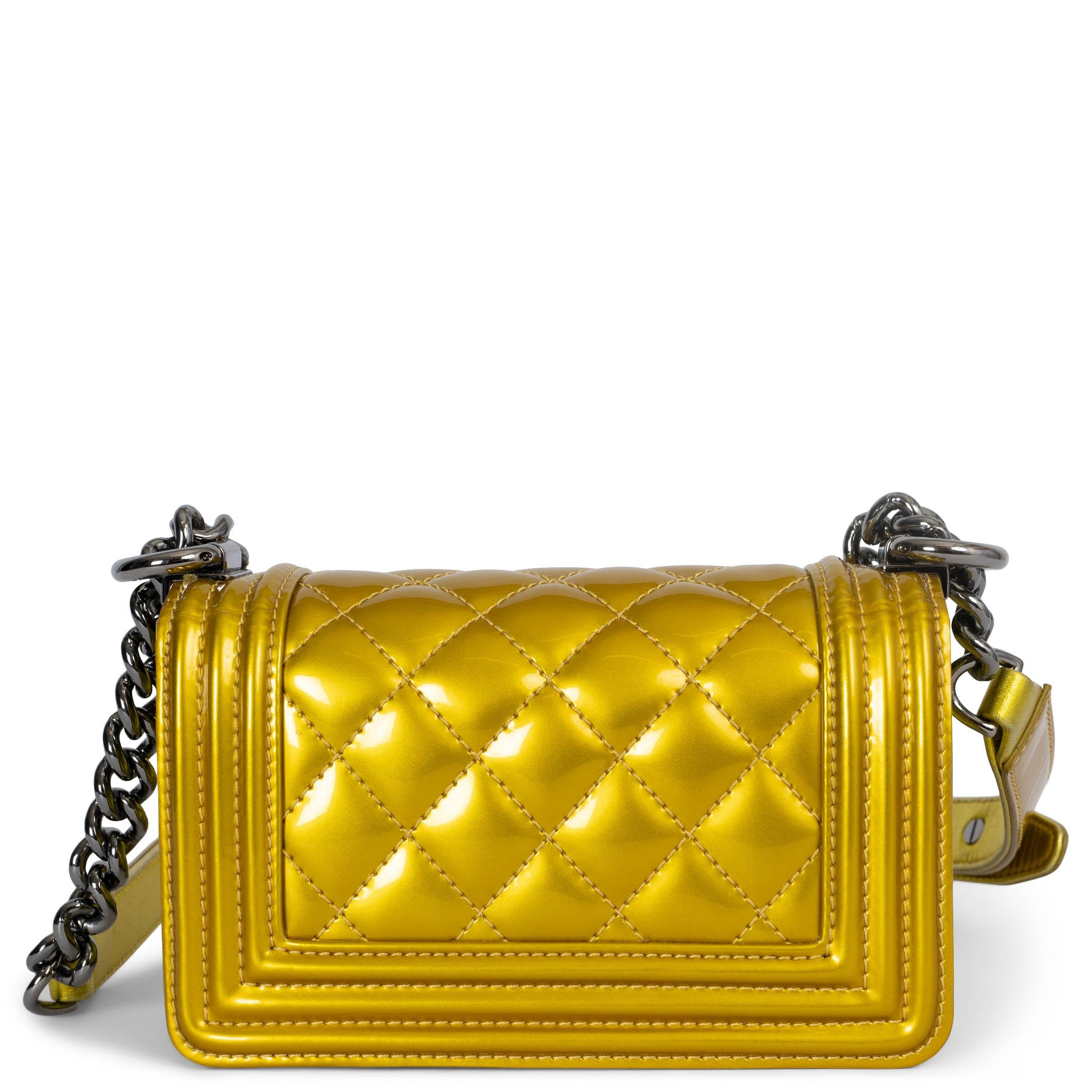 Yellow CHANEL metallic yellow patent leather 2014 14S MINI BOY Shoulder Bag For Sale