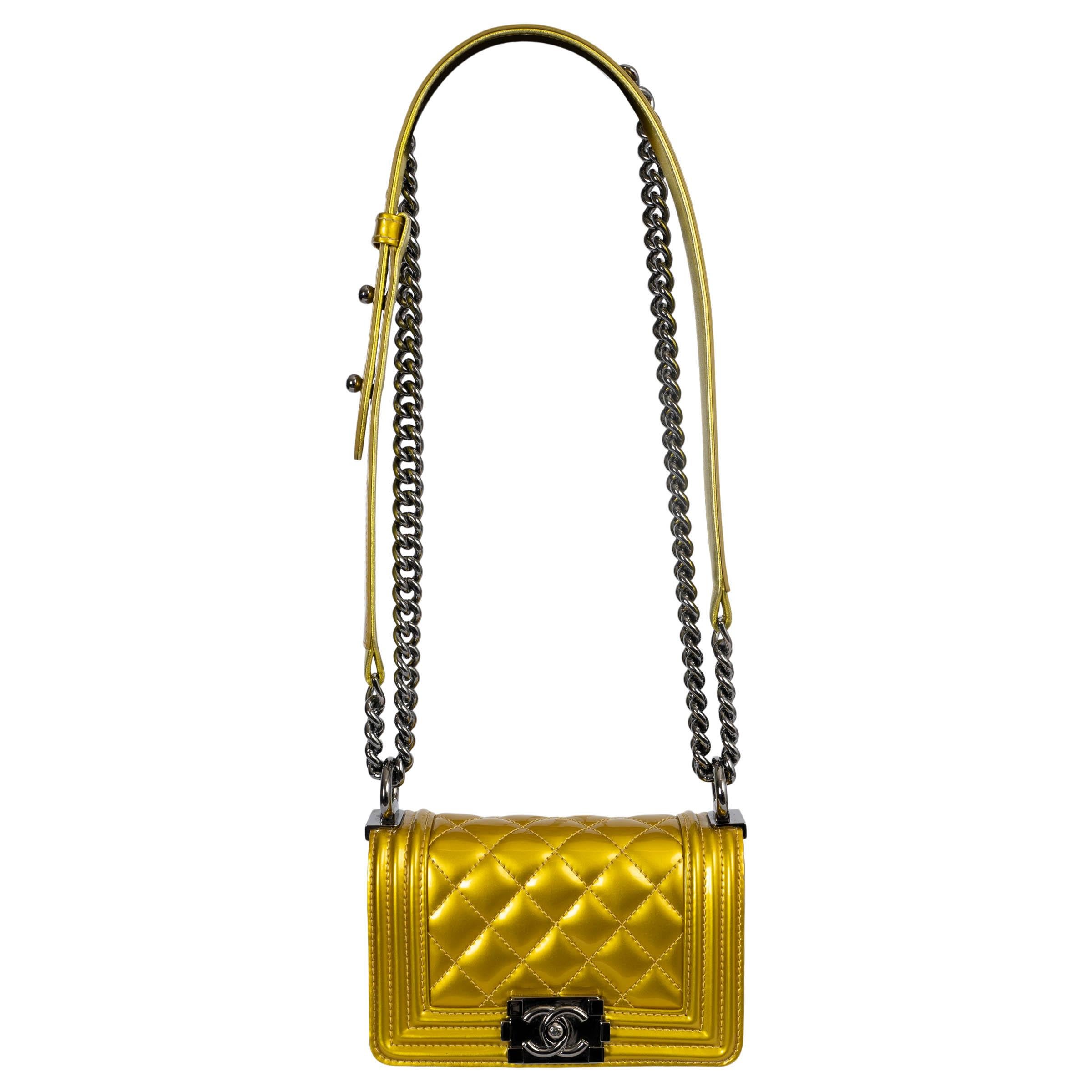 CHANEL metallic yellow patent leather 2014 14S MINI BOY Shoulder Bag For Sale 1