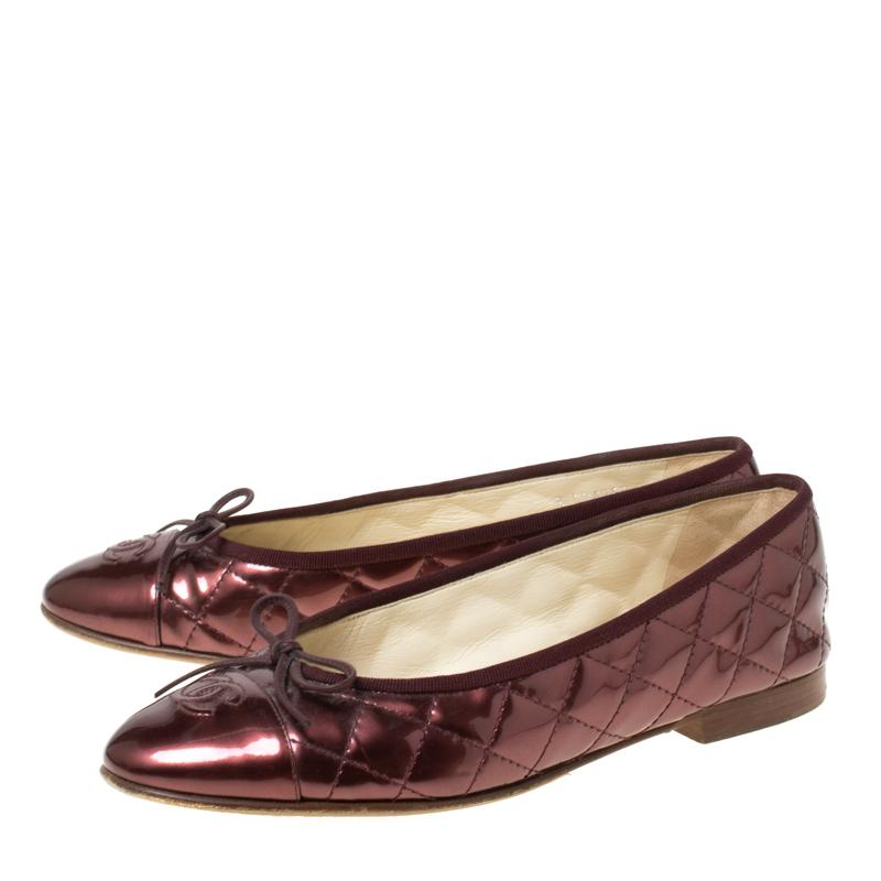 Chanel MetallicBrown Quilted Patent Leather CC Bow Cap Toe Ballet Flats Size39.5 3