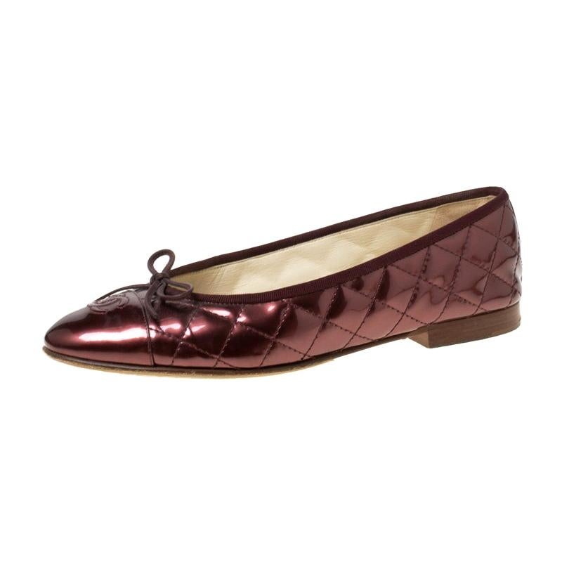Chanel MetallicBrown Quilted Patent Leather CC Bow Cap Toe Ballet Flats Size39.5