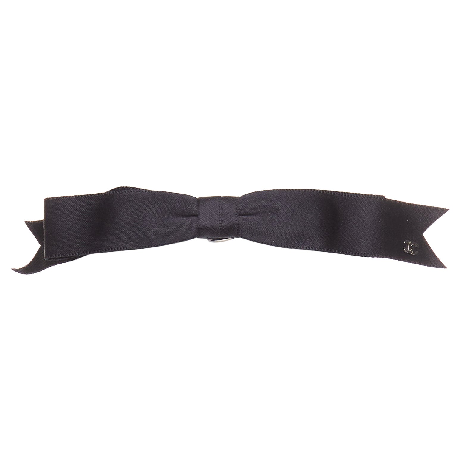 Pre-owned Chanel Metiers D'art Grosgrain Silver Mini Cc Logo Ribbon Bow Hair Clip Barette In Black