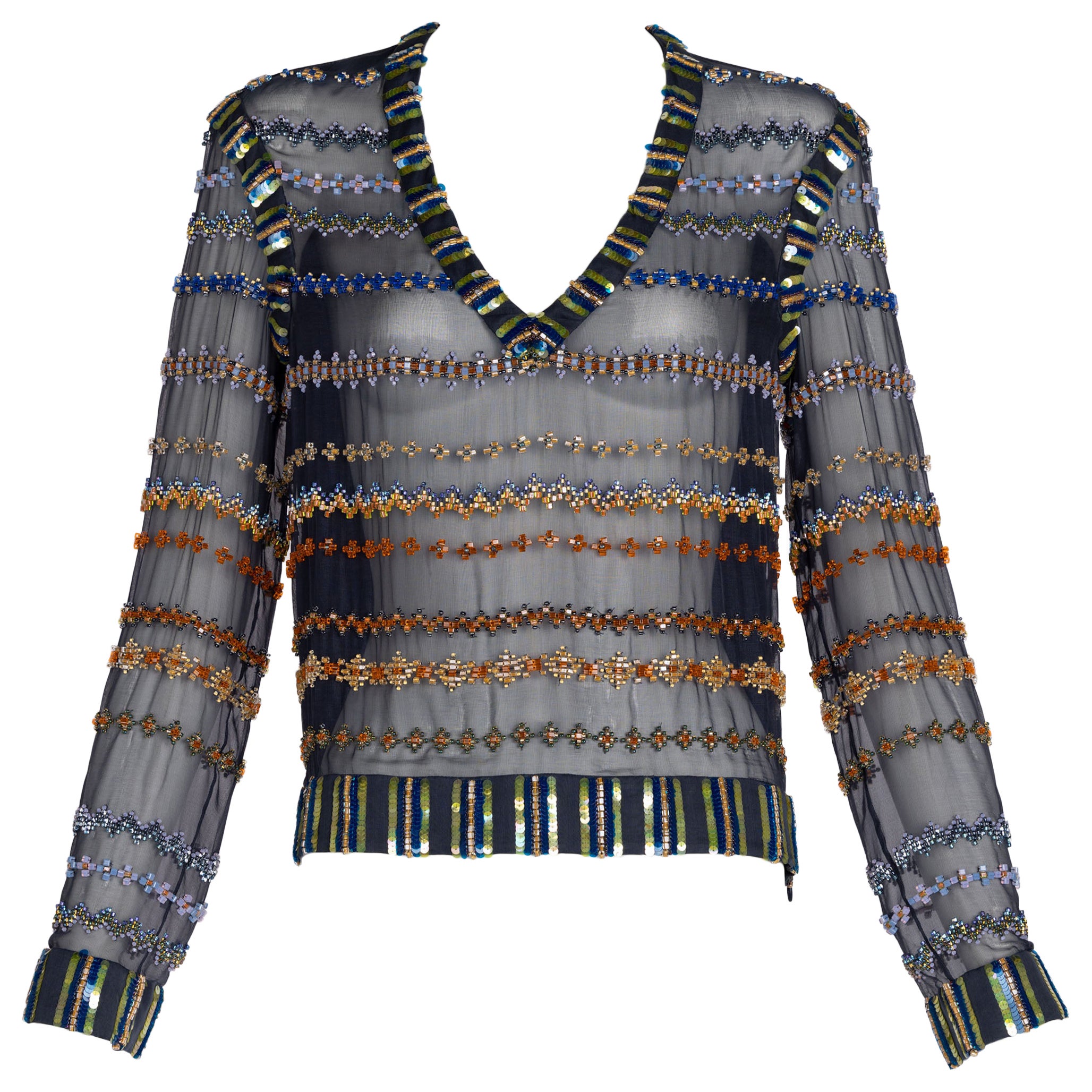 Chanel Métiers d’Art Silk 
Leather Beaded Sequin Deep V Top, 2013