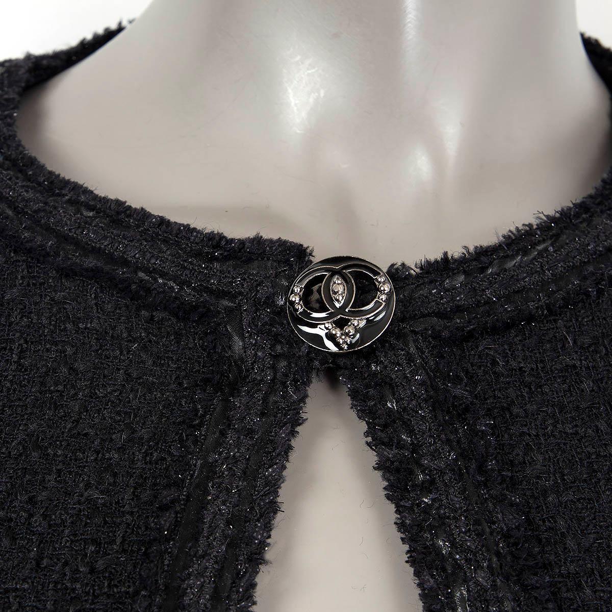 Extremely rare Chanel black lesage tweed jacket with CC Heart Patches at sleeves and back from Paris / MIAMI Cruise Collection. 
- front fastening wtih CC logo jewel heart-shaped button
- made of precious black lesage tweed with signature metallic
