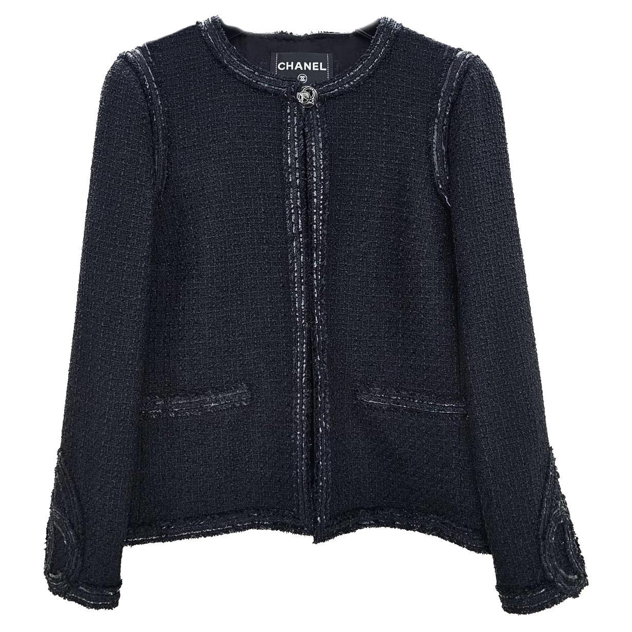 Chanel Miami CC Hearts Patches Black Tweed Jacket at 1stDibs