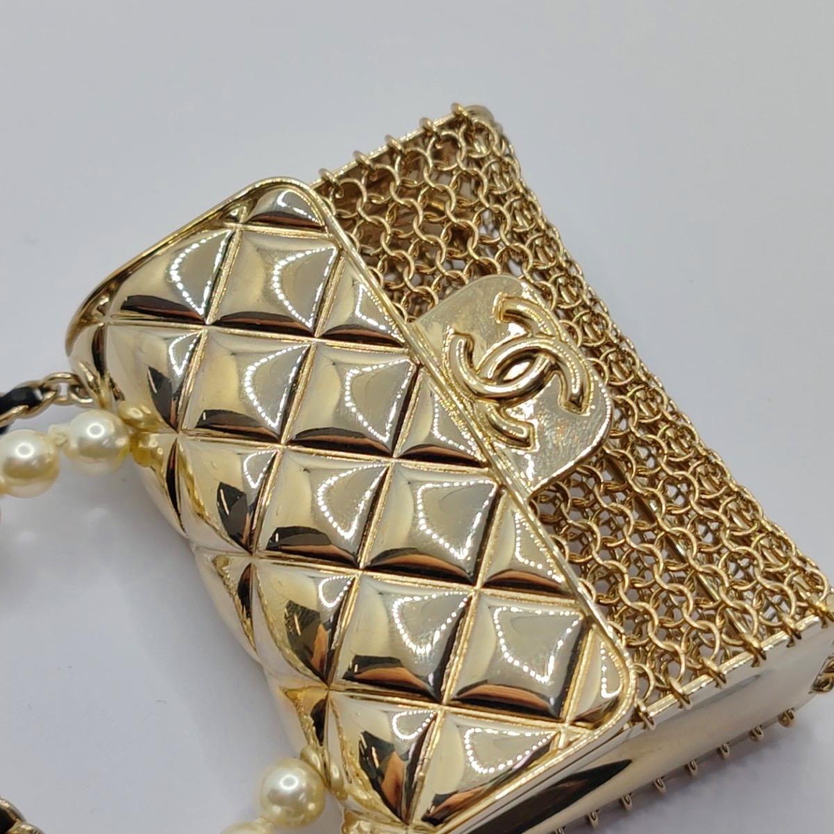 Chanel Micro Flap Bag Charm Chain Long Necklace with Matelasse and Pearl Chain For Sale 1