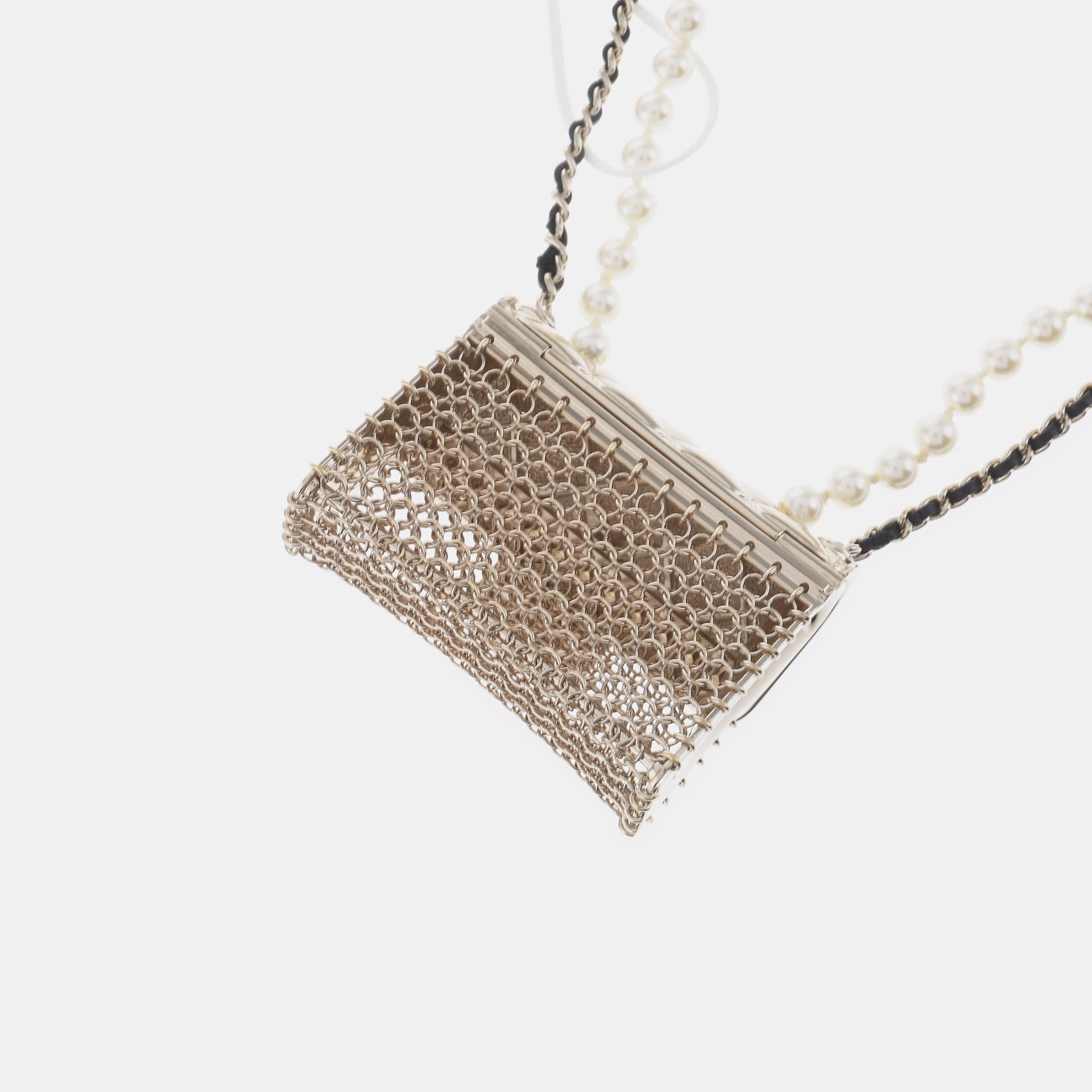 Chanel Micro Flap Bag Charm Chain Long Necklace with Matelasse and Pearl Chain For Sale 3