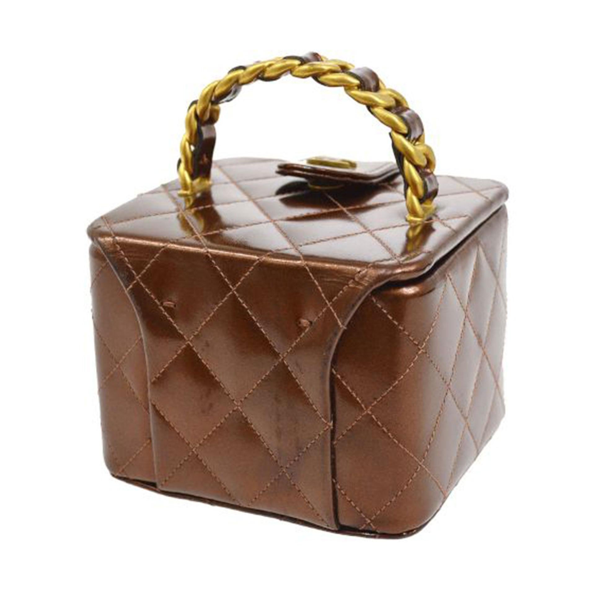 Chanel Micro Mini 90s Vintage Patent Metallic Bronze Iridescent Vanity Case For Sale 6