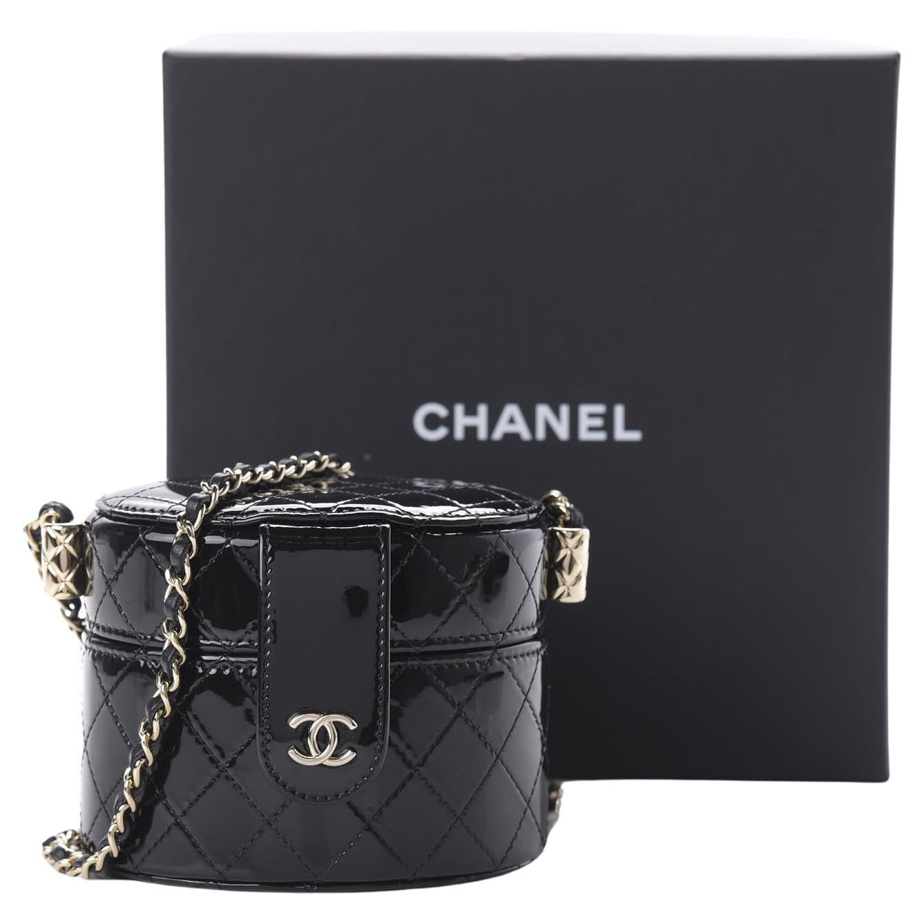 Chanel Micro Mini Black Quilted Patent Leather Jewelry Box Vanity Crossbody Bag  For Sale at 1stDibs